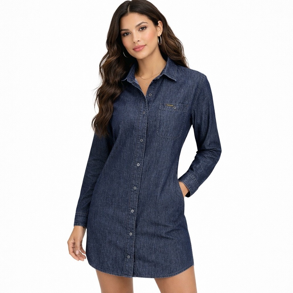 Lees Womens Shirt Dress Dark Wash Denim Button Front Long Sleeve Size Small